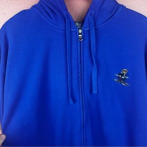 Polo Ralph Lauren Skiing Bear Logo Zip Up cobalt blue hooded sweatshirt size XXL